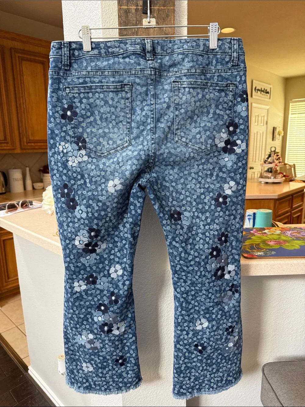 Michael Kors Blue Floral Print Wide-Leg Flare Capri Jeans